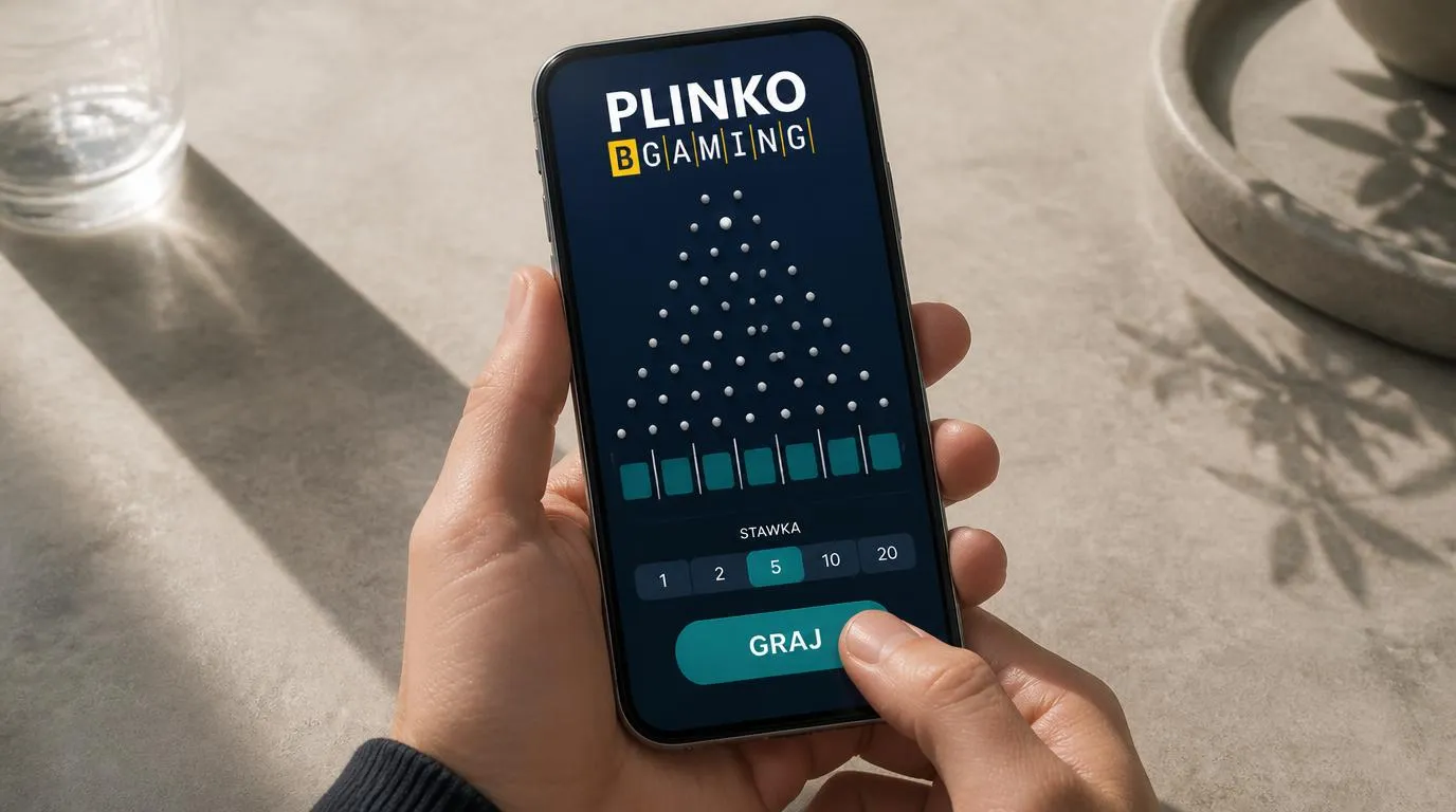 Smartfon trzymany jedną ręką z czytelną planszą plinko i panelem sterowania pod kciukiem