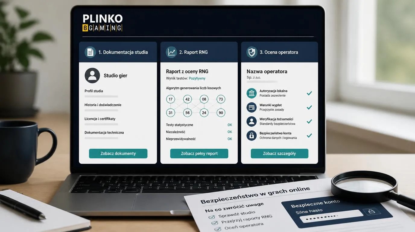 Panel weryfikacji studia, dokument oceny RNG i lista kontroli operatora na ekranie laptopa