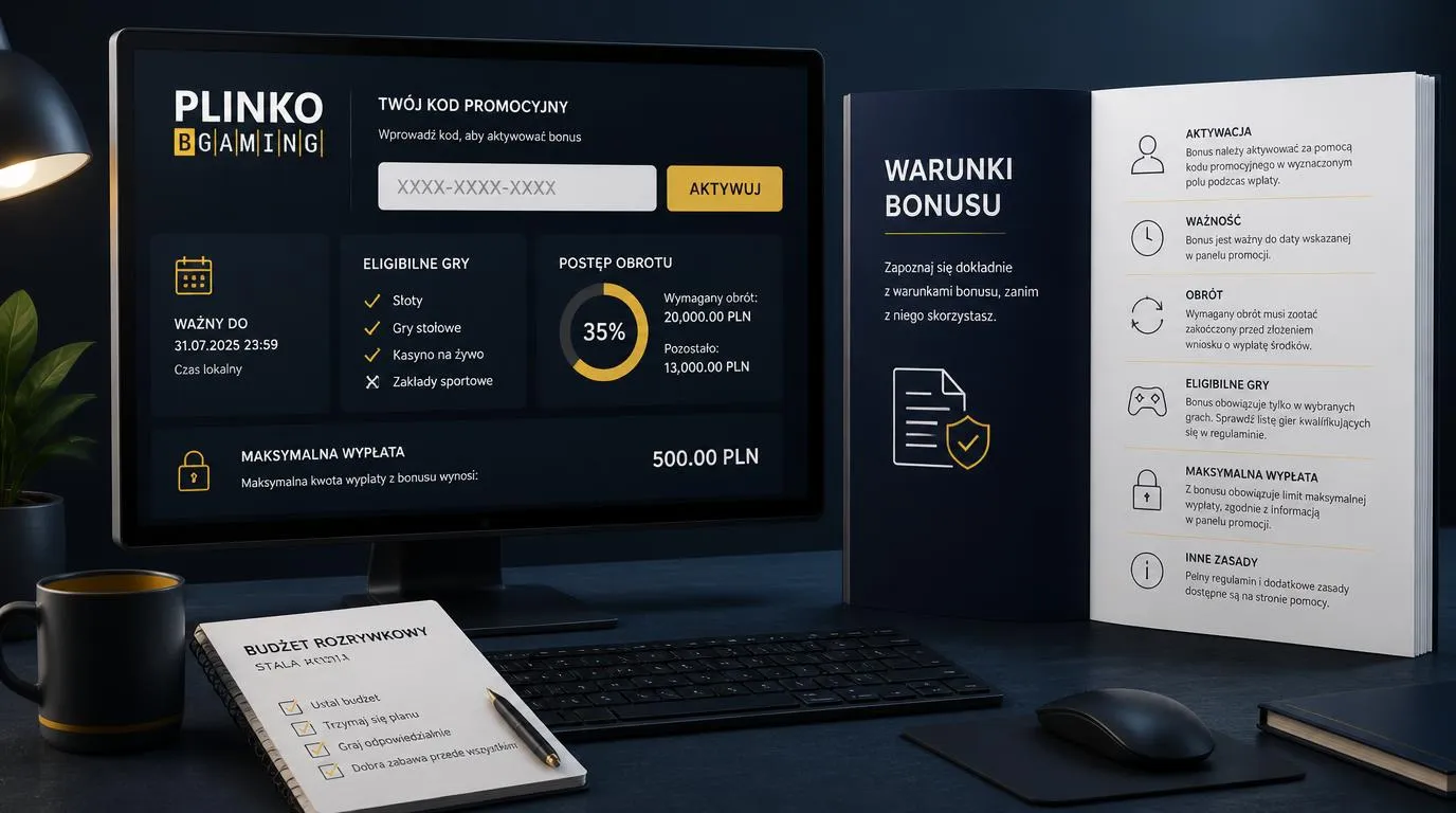 Panel kodu promocyjnego obok listy warunków bonusu, terminu ważności i limitu wypłaty